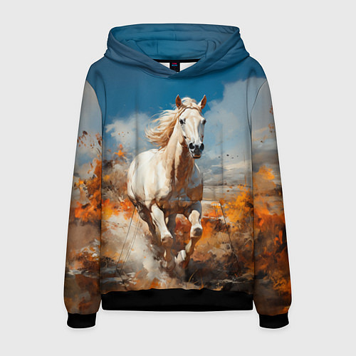 Мужская толстовка Белая лошадь скачет в поле / 3D-Черный – фото 1