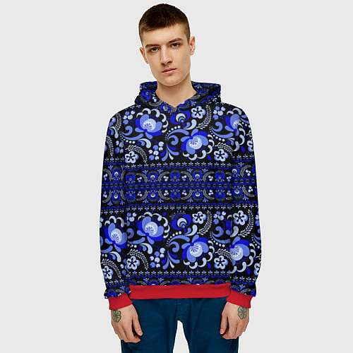 Мужская толстовка Новогодняя гжельская роспись цветами на чёрном фон / 3D-Красный – фото 3