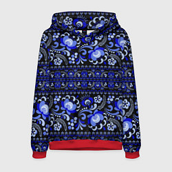 Толстовка-худи мужская Новогодняя гжельская роспись цветами на чёрном фон, цвет: 3D-красный