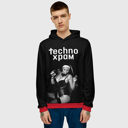 Мужская толстовка Techno храм монашка с бутылкой / 3D-Красный – фото 3