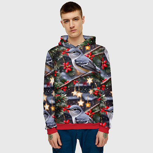 Мужская толстовка Рождественская птица пересмешник / 3D-Красный – фото 3