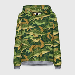 Толстовка-худи мужская Камуфляж рыболова - рыба щука, цвет: 3D-меланж