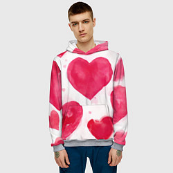 Толстовка-худи мужская Акварельные красные сердечки, цвет: 3D-меланж — фото 2