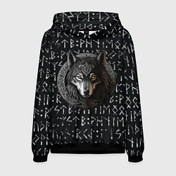Толстовка-худи мужская Волк воин в орнаменте полустёртых рун, цвет: 3D-черный