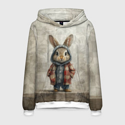 Толстовка-худи мужская Кролик в пальто, цвет: 3D-белый