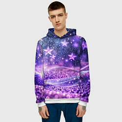 Толстовка-худи мужская Абстрактные звезды в фиолетовых искрах, цвет: 3D-белый — фото 2