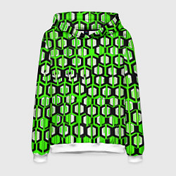 Толстовка-худи мужская Техно узор из шестиугольников зелёный, цвет: 3D-белый