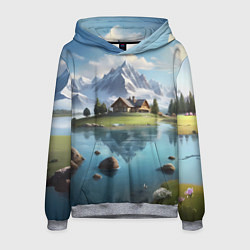 Толстовка-худи мужская Чудесный день на берегу озера в горах, цвет: 3D-меланж