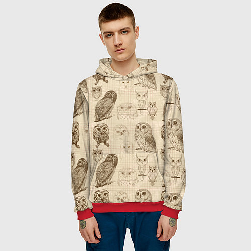 Мужская толстовка Эскизы сов тетрадный лист в клетку / 3D-Красный – фото 3