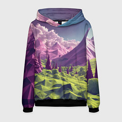 Толстовка-худи мужская Геометрический зеленый пейзаж и фиолетовые горы, цвет: 3D-черный