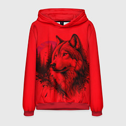 Толстовка-худи мужская Рисунок волка на красном, цвет: 3D-красный