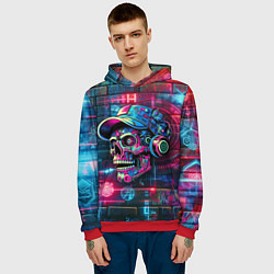 Толстовка-худи мужская Кибер чувак череп на фоне граффити - нейросеть, цвет: 3D-красный — фото 2
