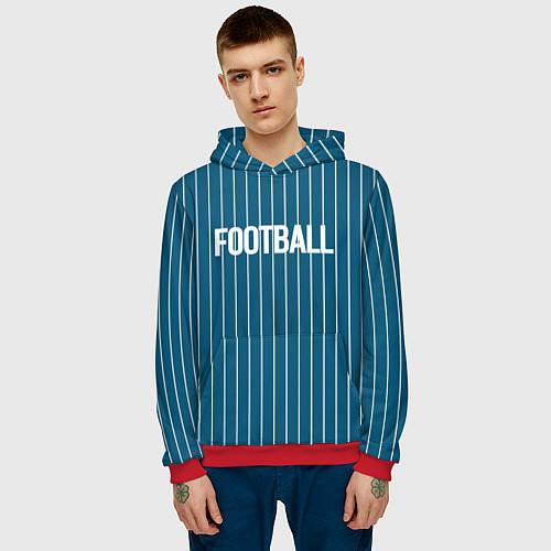 Мужская толстовка Синий с белым полосатый узор с надписью футбол / 3D-Красный – фото 3