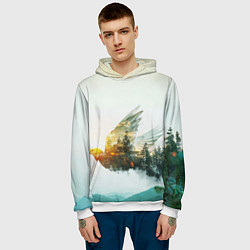 Толстовка-худи мужская Летящий голубь и лес эффект двойной экспозиции, цвет: 3D-белый — фото 2