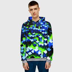 Толстовка-худи мужская Синие блоки в зеленом тумане, цвет: 3D-меланж — фото 2