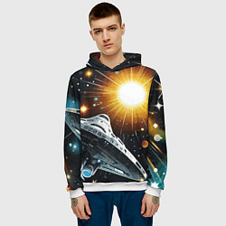 Толстовка-худи мужская Космолёт в неоновом космосе - нейросеть, цвет: 3D-белый — фото 2