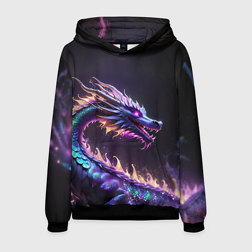 Мужская толстовка Неоновый сиреневый дракон на черном фоне / 3D-Черный – фото 1