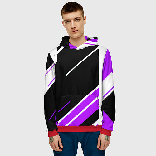 Мужская толстовка Бело-фиолетовые полосы на чёрном фоне / 3D-Красный – фото 3