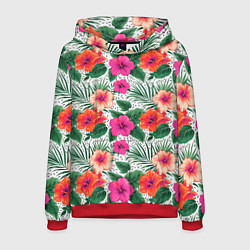 Толстовка-худи мужская Цветы гибискуса и листья мальмы летний тропический, цвет: 3D-красный