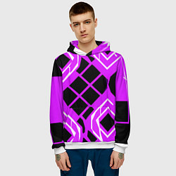 Толстовка-худи мужская Чёрные квадраты и белые полосы на фиолетовом фоне, цвет: 3D-белый — фото 2