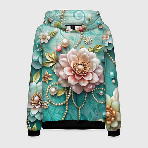 Мужская толстовка Объемные цветы и жемчуг / 3D-Черный – фото 1