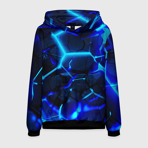 Мужская толстовка Яркие голубые неоновые плиты в разломе / 3D-Черный – фото 1