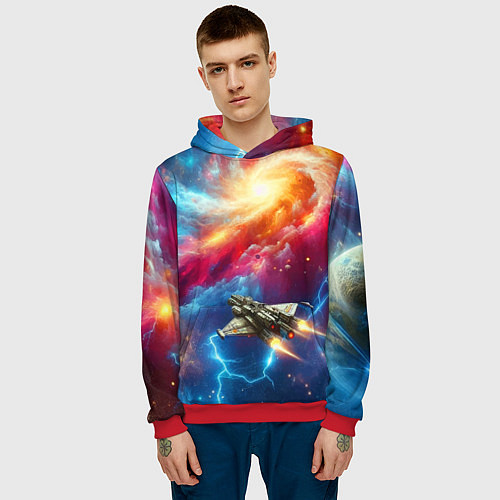 Мужская толстовка Космолёт в неоновом космосе / 3D-Красный – фото 3