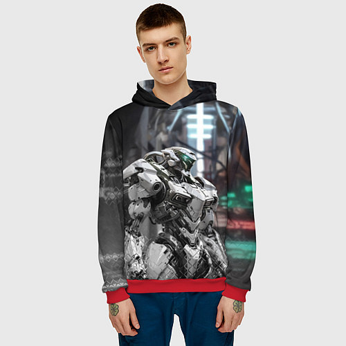 Мужская толстовка Боевой робот в белой броне / 3D-Красный – фото 3