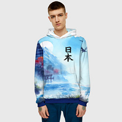 Толстовка-худи мужская Японский морской пейзаж - нейроарт, цвет: 3D-синий — фото 2