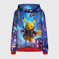 Толстовка-худи мужская Кибер Пикачу в неоновом городе - нейросеть, цвет: 3D-красный