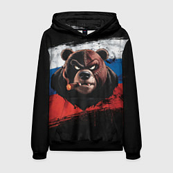 Толстовка-худи мужская Медведь на фоне российского флага, цвет: 3D-черный