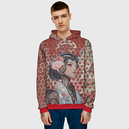 Мужская толстовка Девушка-андроид на фоне шестиугольников / 3D-Красный – фото 3
