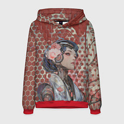 Толстовка-худи мужская Девушка-андроид на фоне шестиугольников, цвет: 3D-красный