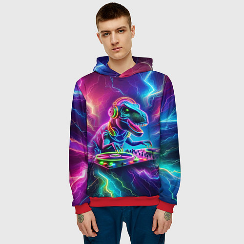 Мужская толстовка Tyrannosaur DJ - neon glow / 3D-Красный – фото 3