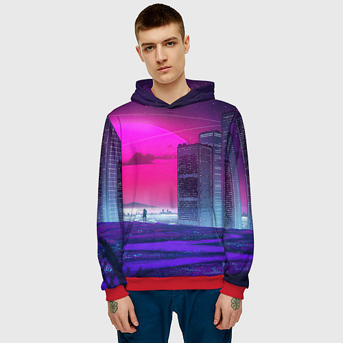 Мужская толстовка Synthwave неоновый город / 3D-Красный – фото 3