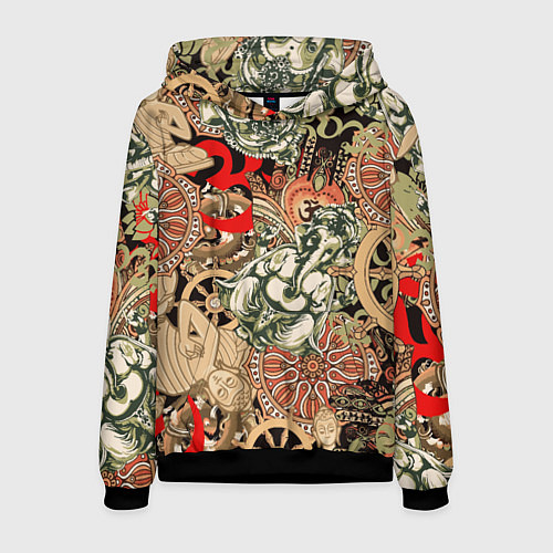 Мужская толстовка Будда и Ганеша на фоне сансары и мандалы / 3D-Черный – фото 1