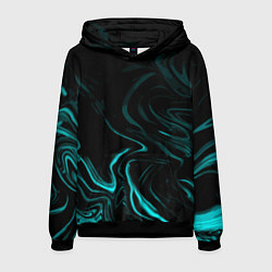Толстовка-худи мужская Чёрный с бирюзовыми разводами абстракция, цвет: 3D-черный