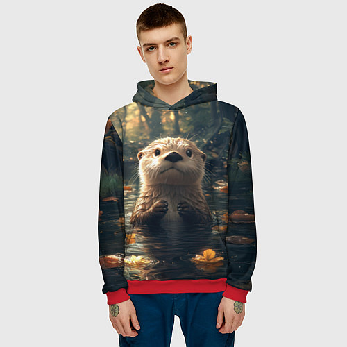 Мужская толстовка Выдра в летнем пруду / 3D-Красный – фото 3