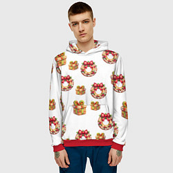 Толстовка-худи мужская Много новогодних пончиков и подарков с бантиком и, цвет: 3D-красный — фото 2