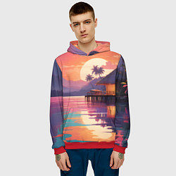 Толстовка-худи мужская Летний домик пальмы закат, цвет: 3D-красный — фото 2
