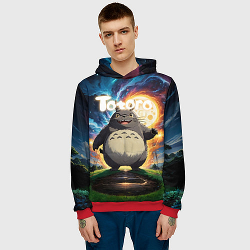 Мужская толстовка Тоторо на фоне огненной луны / 3D-Красный – фото 3