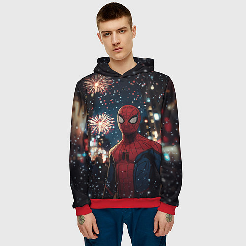 Мужская толстовка Человек-паук и новогодний салют / 3D-Красный – фото 3