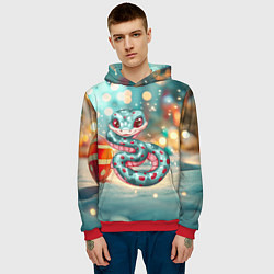 Толстовка-худи мужская Новогодняя змейка и новогодние игрушки, цвет: 3D-красный — фото 2