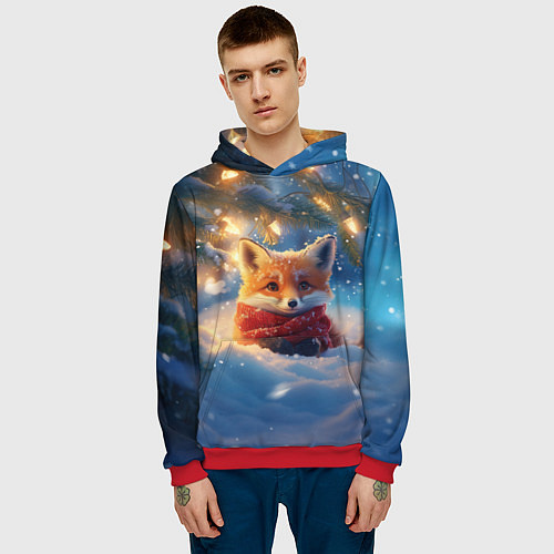 Мужская толстовка Лисица под новогодней елкой / 3D-Красный – фото 3