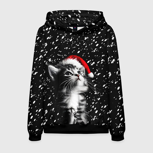 Мужская толстовка Милый котенок - первый снег / 3D-Черный – фото 1