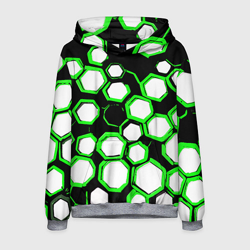 Мужская толстовка Бело-зелёные шестиугольники на чёрном фоне / 3D-Меланж – фото 1