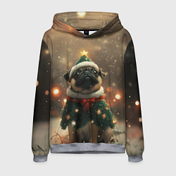Толстовка-худи мужская Мопс в костюме елки, цвет: 3D-меланж