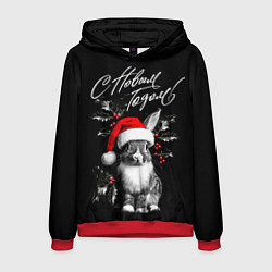 Толстовка-худи мужская Милый кролик в шапке Деда Мороза, цвет: 3D-красный