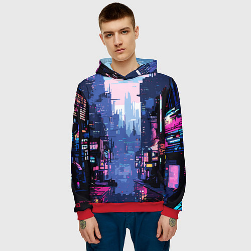 Мужская толстовка Киберпанк город розовый / 3D-Красный – фото 3