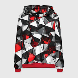 Толстовка-худи мужская Красно-белые рельефные треугольники на чёрном фоне, цвет: 3D-красный